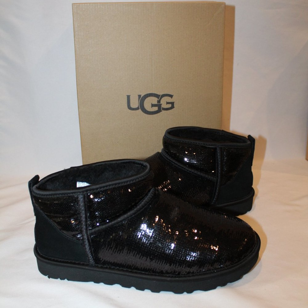 NIB UGG‎ WOMEN'S ULTRA MINI SEQUIN METALLIC BLACK BOOTS